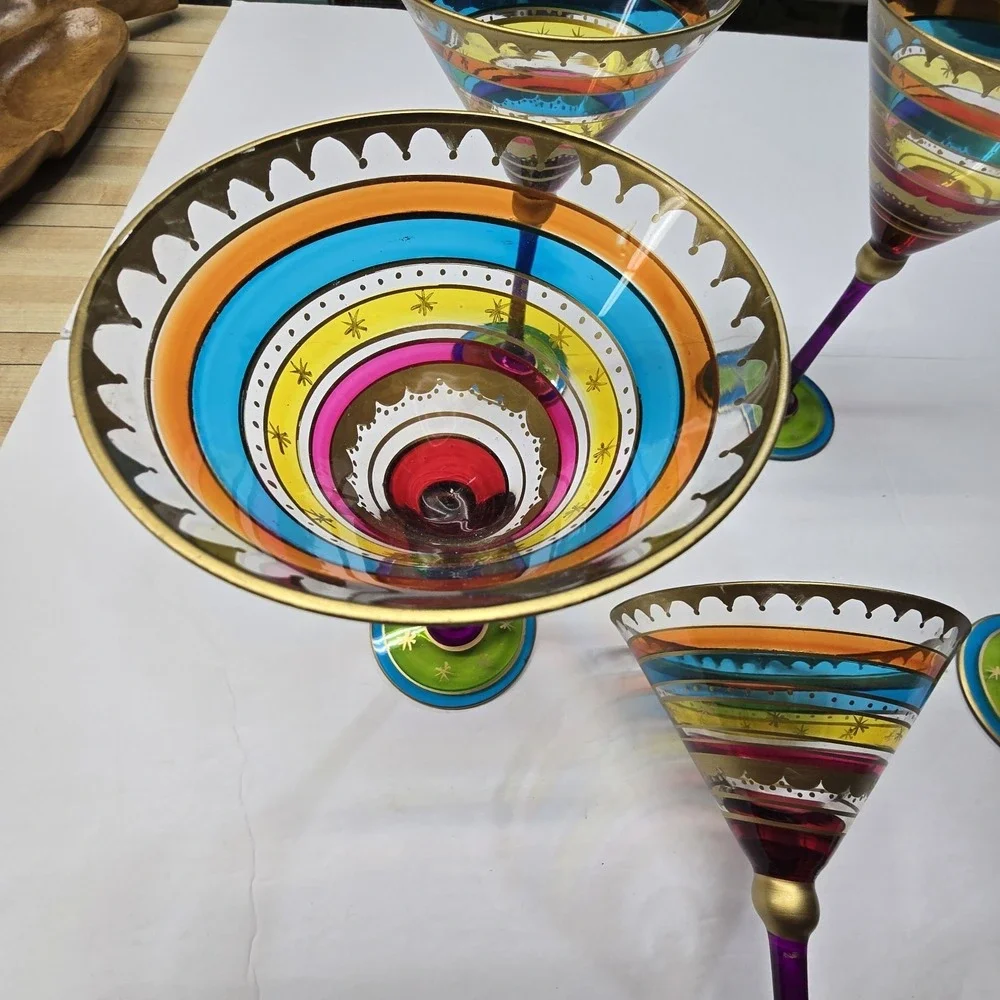 Pier 1 Festive Hand Painted Colorful Stripe Martini Glasses Set of‎ 6 EUC FIesta